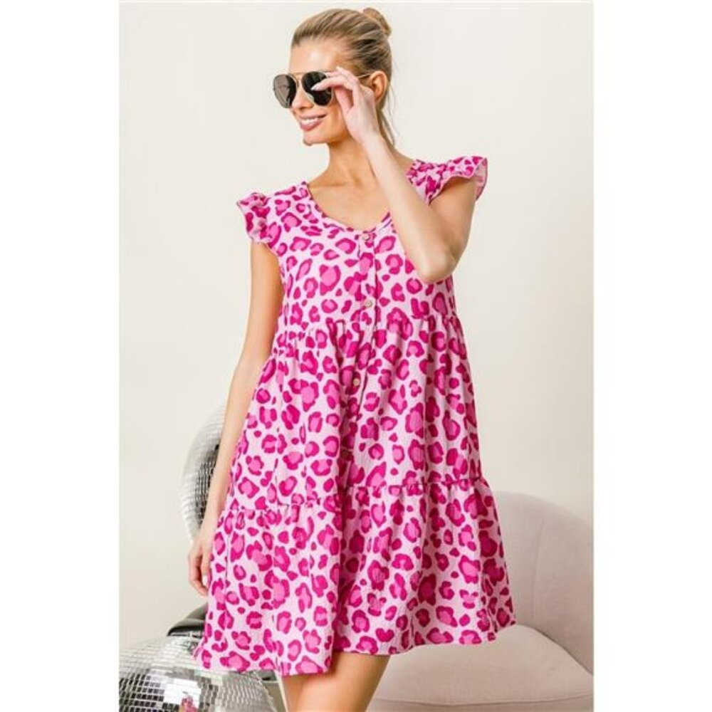 ✨NWT BiBi Leopard Cap Sleeve Tiered Mini‎ Dress - Picture 5 of 6
